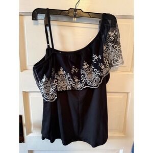 Maurices Women Black One Shoulder Lace Ruffle Top Floral Mesh Blouse size  Large